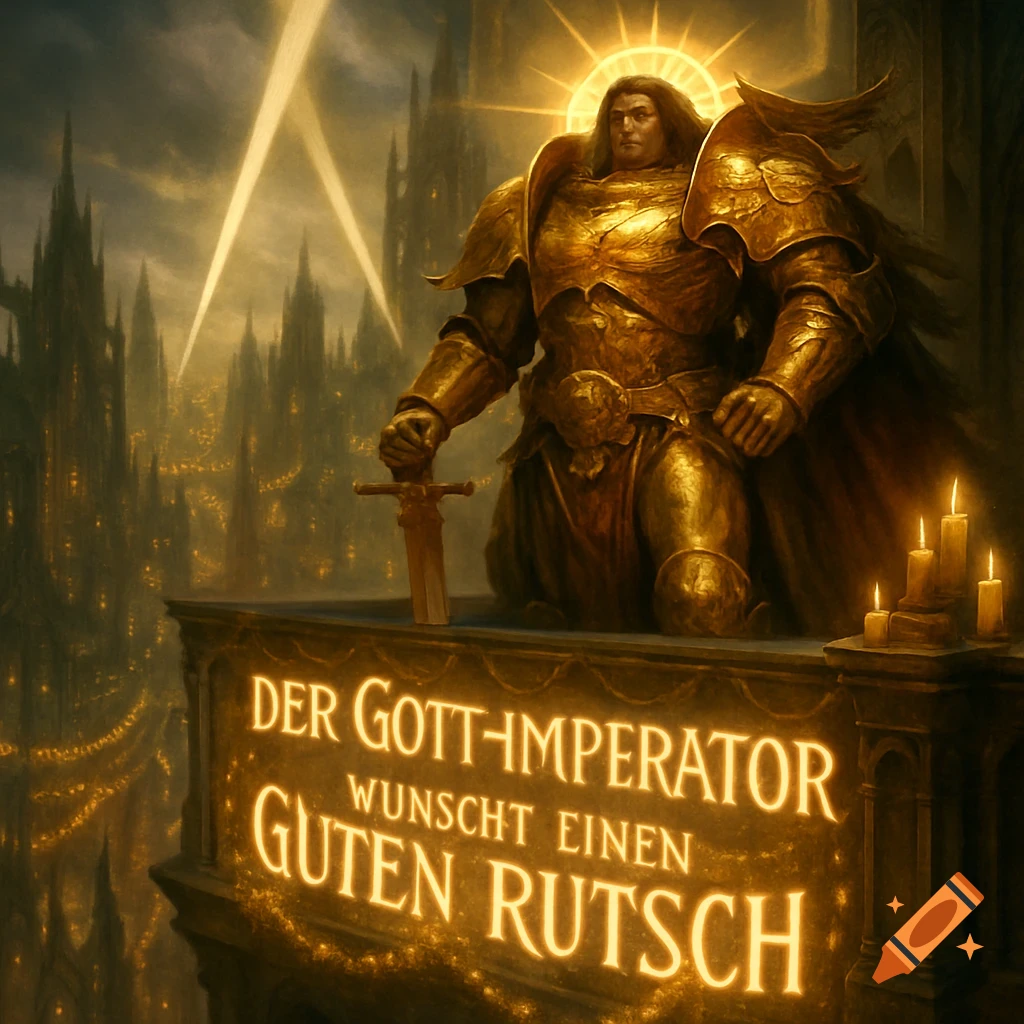 A golden armored figure, the God-Emperor of Mankind, stands on a balcony overlooking a futuristic cityscape, with text on a banner below.