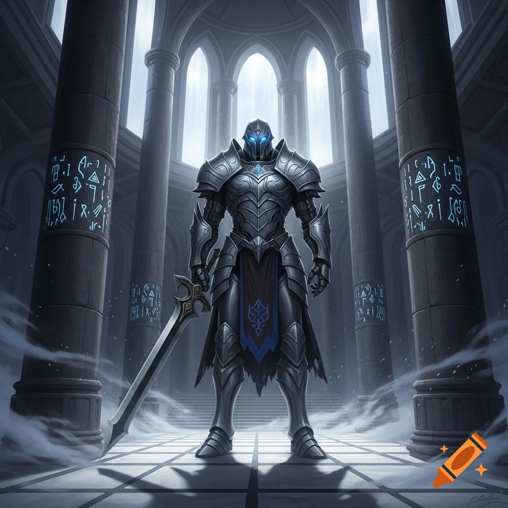 A heavily armored knight with glowing blue eyes stands with a sword in a large, ancient hall with glowing symbols on its pillars.