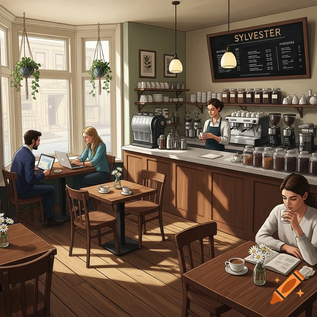 An illustrated scene inside a coffee shop named "SYLVESTER" where people work on laptops, a barista prepares drinks, and a woman reads.