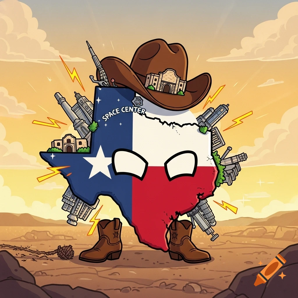 Cartoon Texas map character wearing a cowboy hat and boots, with Texas landmarks, standing in a desert at sunset.