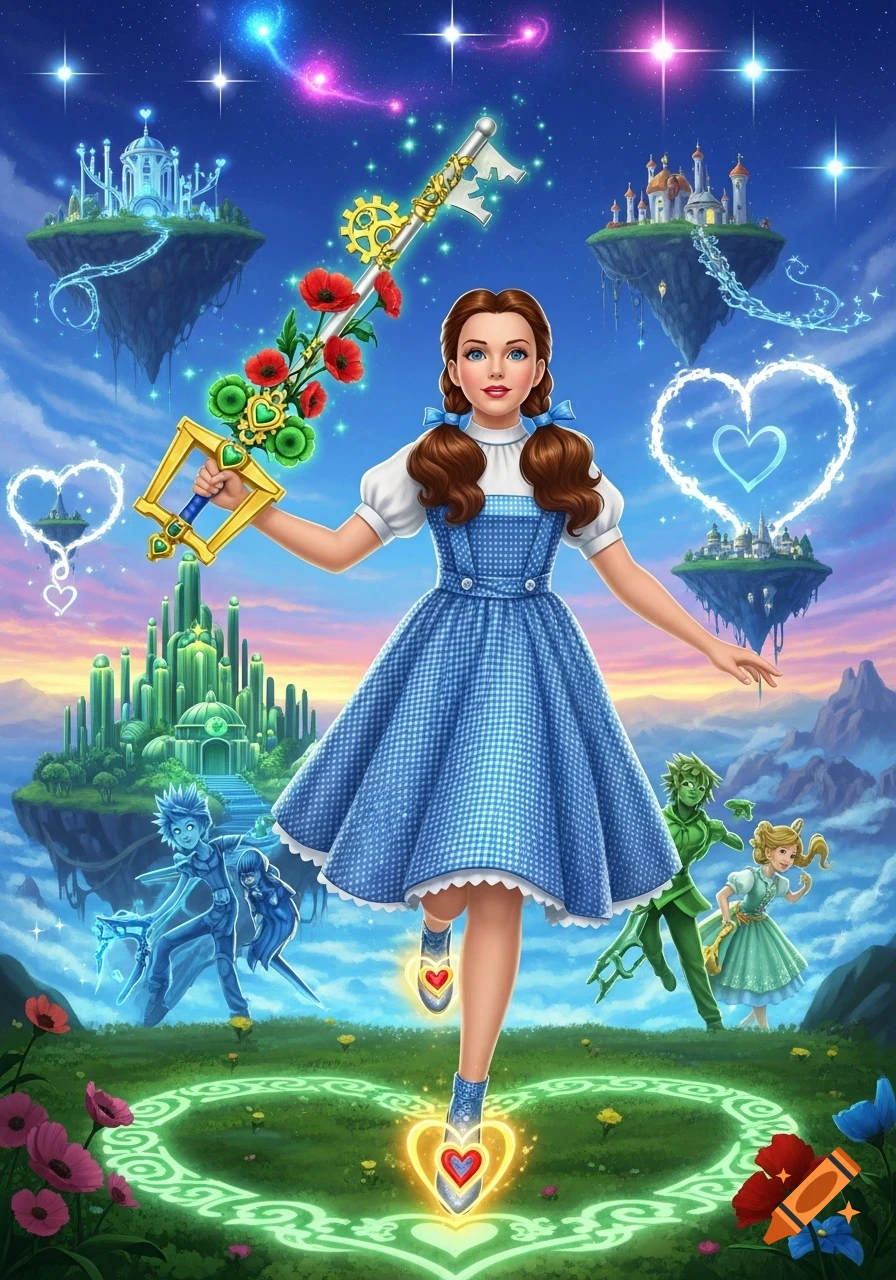 Dorothy Gale in her blue gingham dress, holding a Keyblade with poppies, stands in a vibrant fantasy landscape with floating castles and glowing hearts. Other ethereal characters are visible.