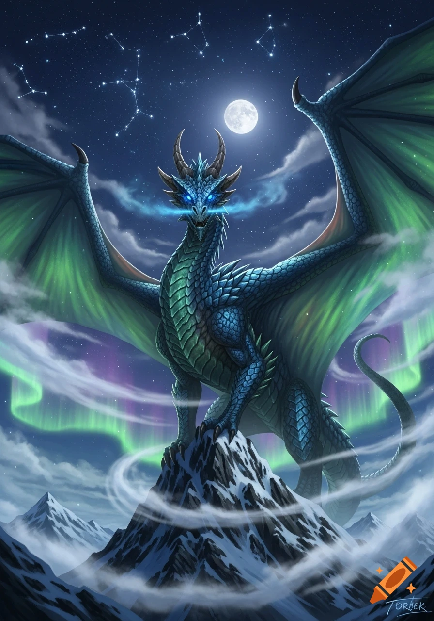 A majestic blue-green dragon with glowing eyes stands on a snowy mountain peak under a full moon, constellations, and aurora.