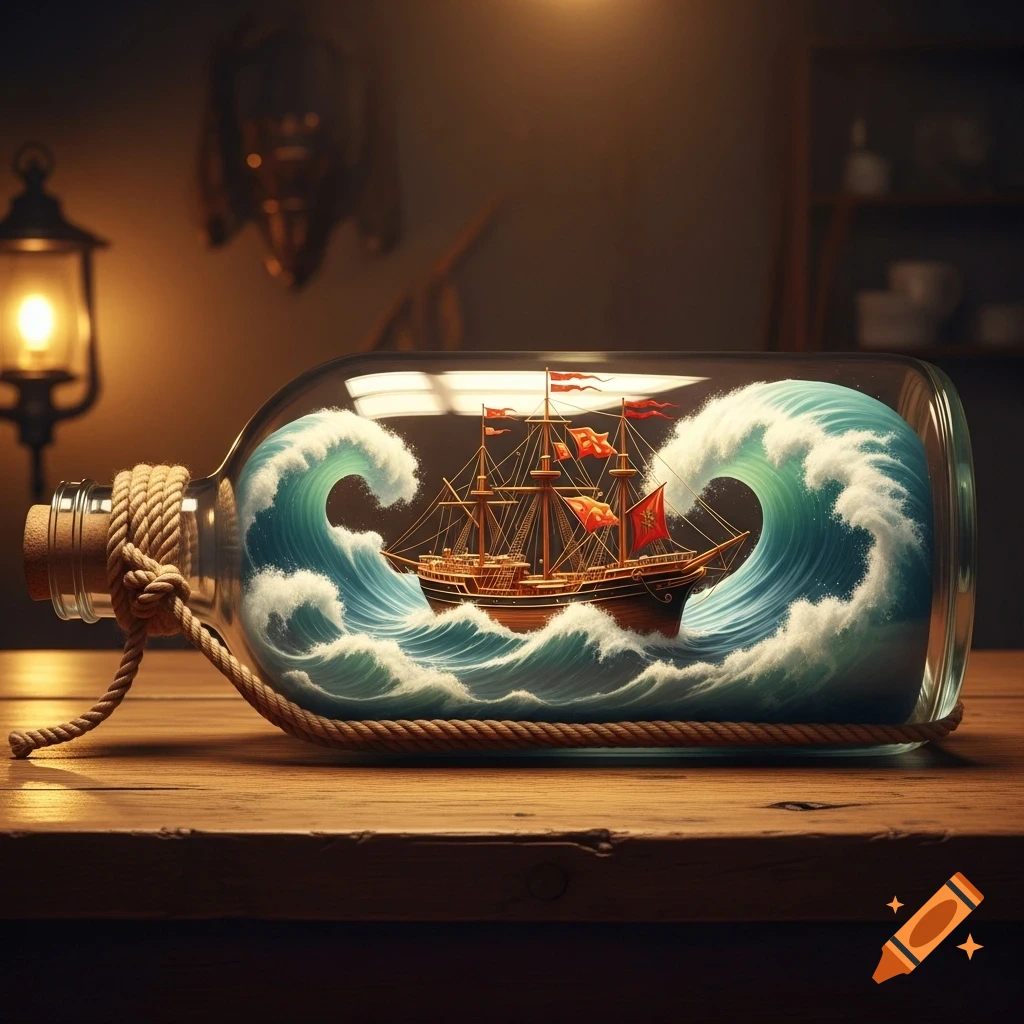 A photorealistic vintage cargo ship on choppy waves inside a glass bottle, resting on a wooden table, lit by a lantern.