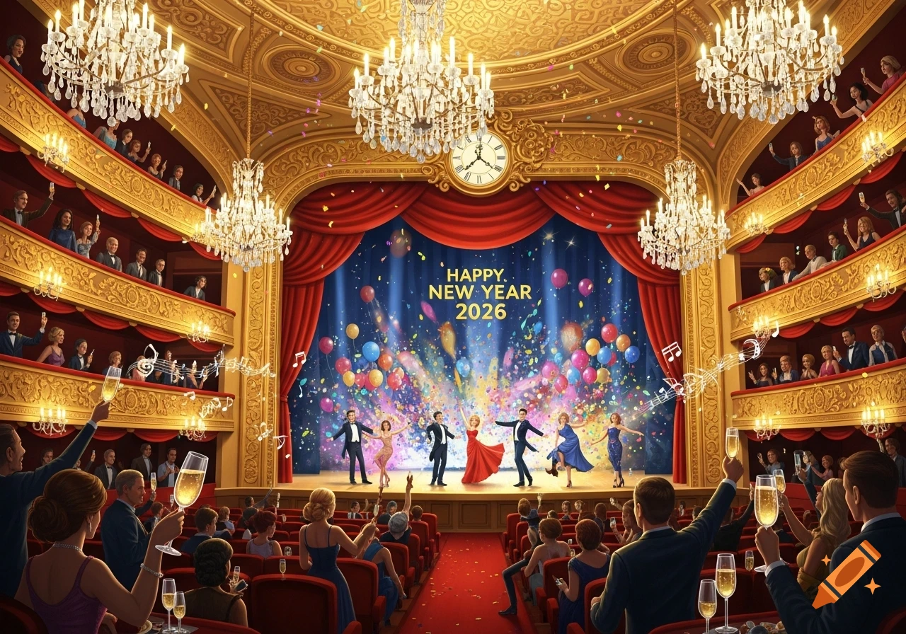 An illustrated grand theater filled with a festive audience raising champagne glasses as performers dance on stage with a "HAPPY NEW YEAR 2026" backdrop.