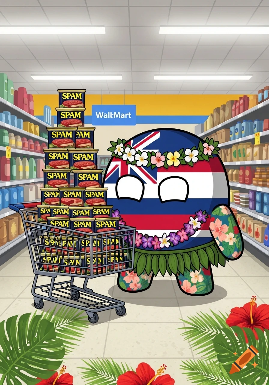 A cartoon Hawaii countryball in a lei pushes a shopping cart piled high with Spam cans in a Wal-Mart, with tropical plants in the foreground.