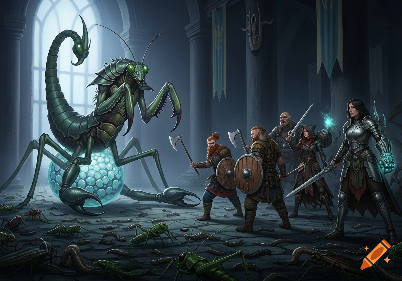 A group of fantasy warriors battles a giant green praying mantis and scorpion hybrid protecting a glowing egg sac in a dark hall, surrounded by insects.
