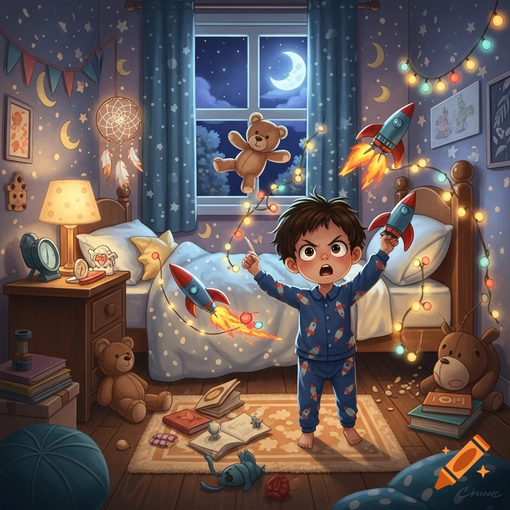 An illustrated angry child in rocket pajamas stands in a whimsical, star-decorated bedroom at night, surrounded by toy rockets and string lights.