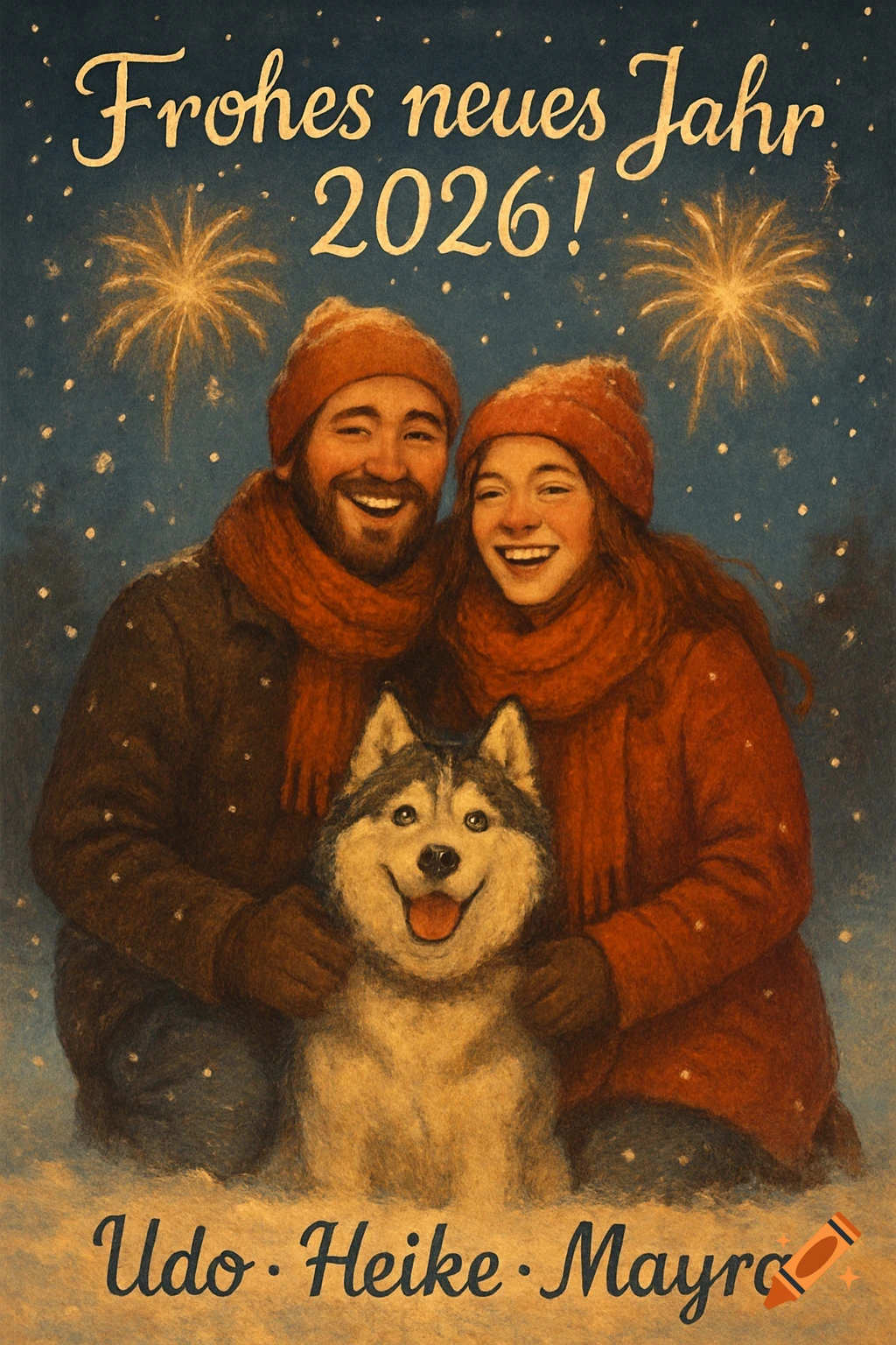 A smiling couple and a husky dog in a snowy winter scene with fireworks. Text reads 'Frohes neues Jahr 2026!' and 'Udo Heike Mayra'.