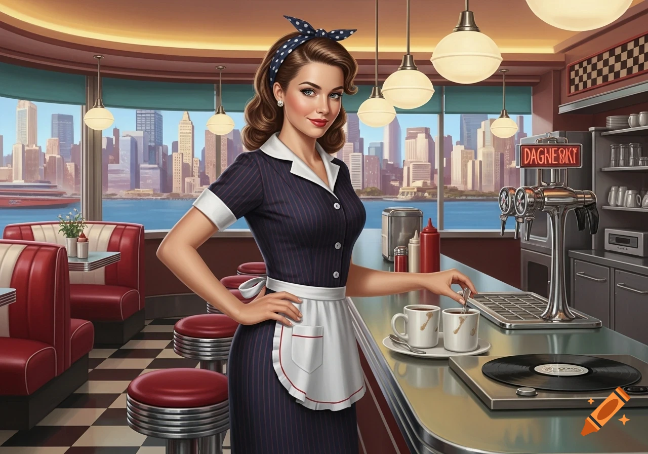 A smiling woman in a retro diner waitress uniform serves coffee at a chrome counter with a city skyline view in the background.