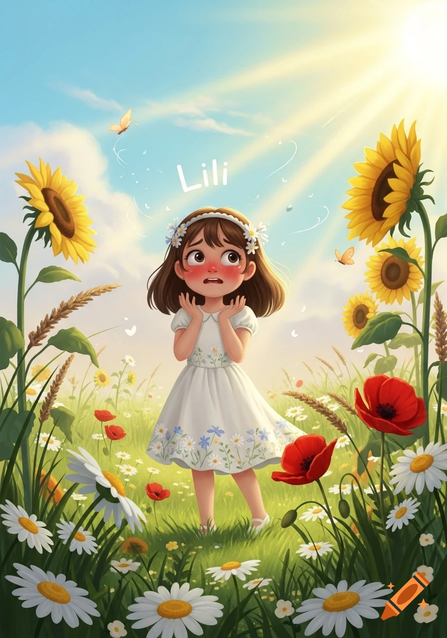 A cartoon girl with a daisy headband blushes in a sunny field with sunflowers, poppies, and daisies, with "Lili" floating above her head.