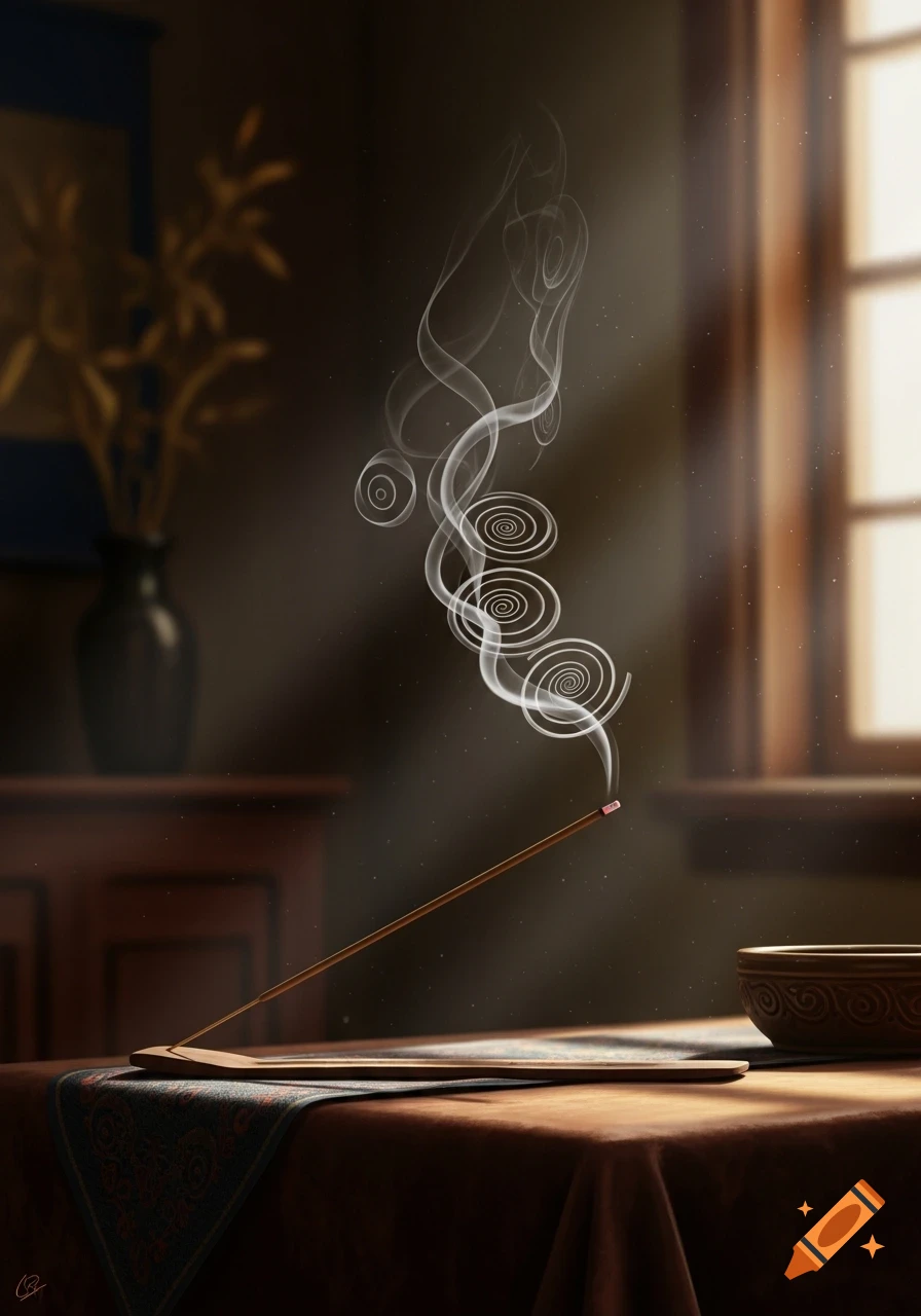 Incense stick burning on a wooden holder, emitting white spiral smoke in a sunlit room with a table and a window, photorealistic.