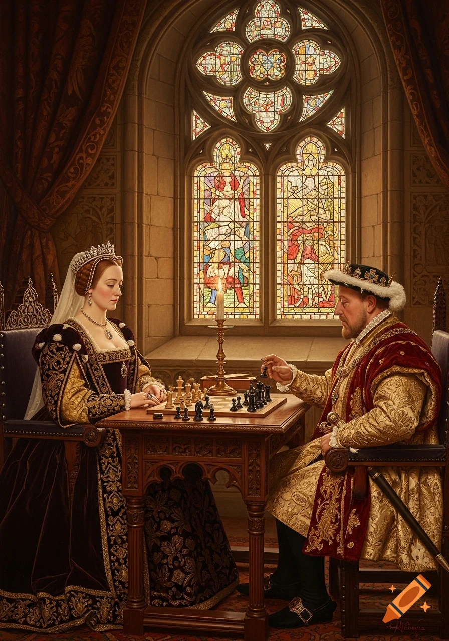 A man and a woman in elaborate historical attire play chess in a richly decorated room with a large stained glass window, in a photorealistic oil painting style.