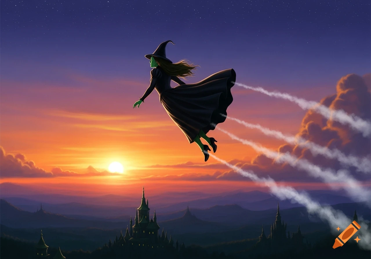 Elphaba, a green-skinned witch in a black dress and hat, flies over a magical castle landscape at sunset.