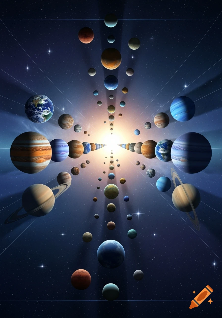 A symmetrical array of diverse planets, including Earth, Jupiter, and Saturn, in deep space, converging towards a bright light in a starry galaxy.