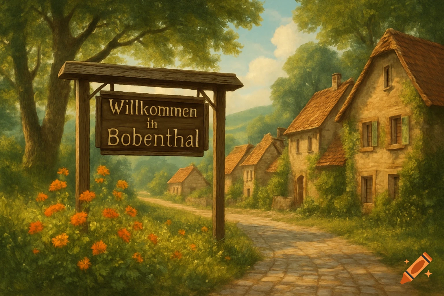Painting of a village entrance with a sign reading 'Willkommen in Bobenthal', stone houses, and orange flowers.