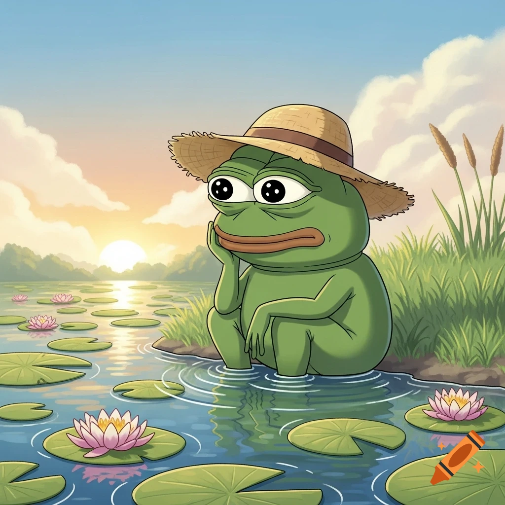 Cartoon Pepe the Frog wearing a straw hat sits by a lake with water lilies at sunset, feet in the water.