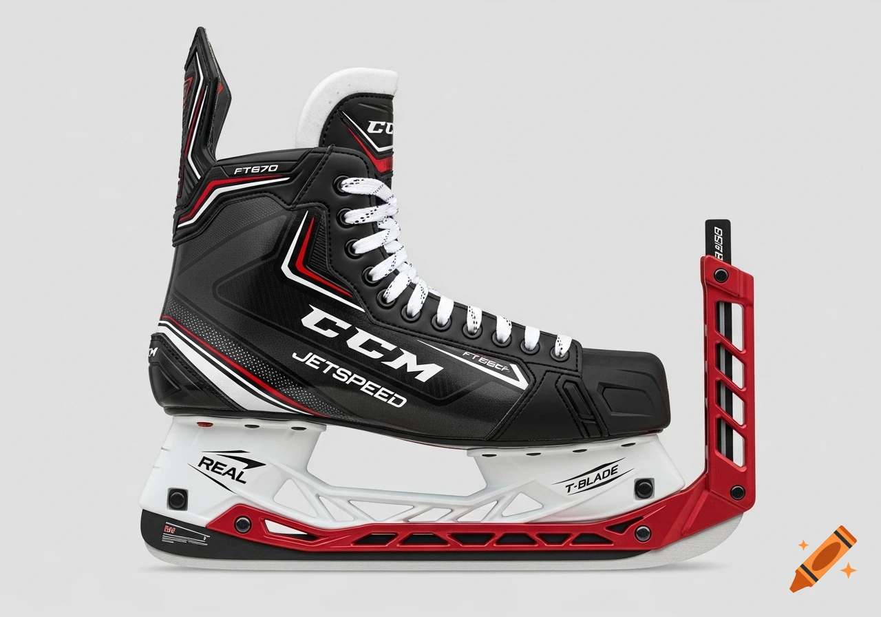Photorealistic studio product photo of a black, white, and red CCM Jetspeed FT670 ice hockey skate with a REAL T-Blade system, viewed from the side on a light grey background.