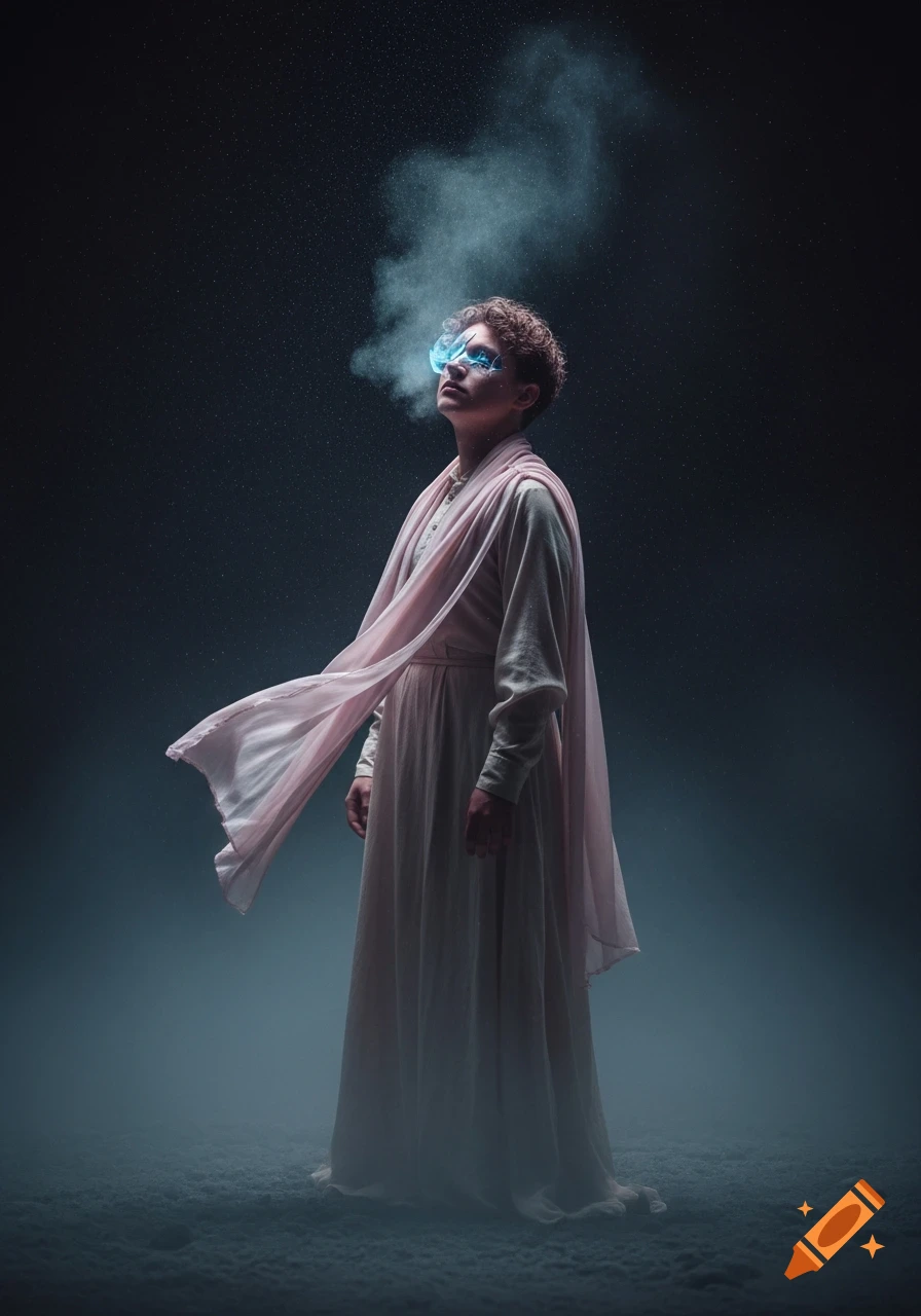 A figure with glowing blue eyes and smoke rising from their head, wearing a long dress and flowing pink scarf, looks up in a dark, misty scene.