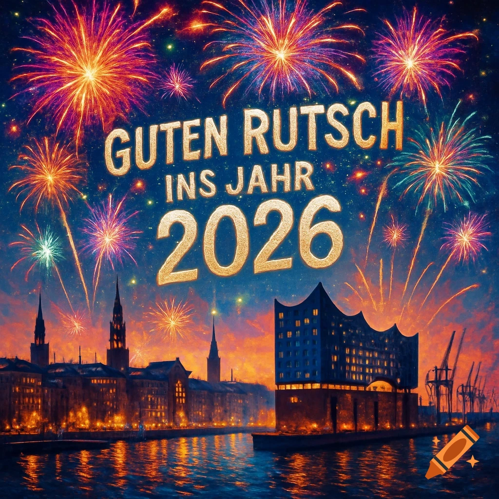 Vibrant fireworks light up a Hamburg cityscape at night, with 'GUTEN RUTSCH INS JAHR 2026' text.