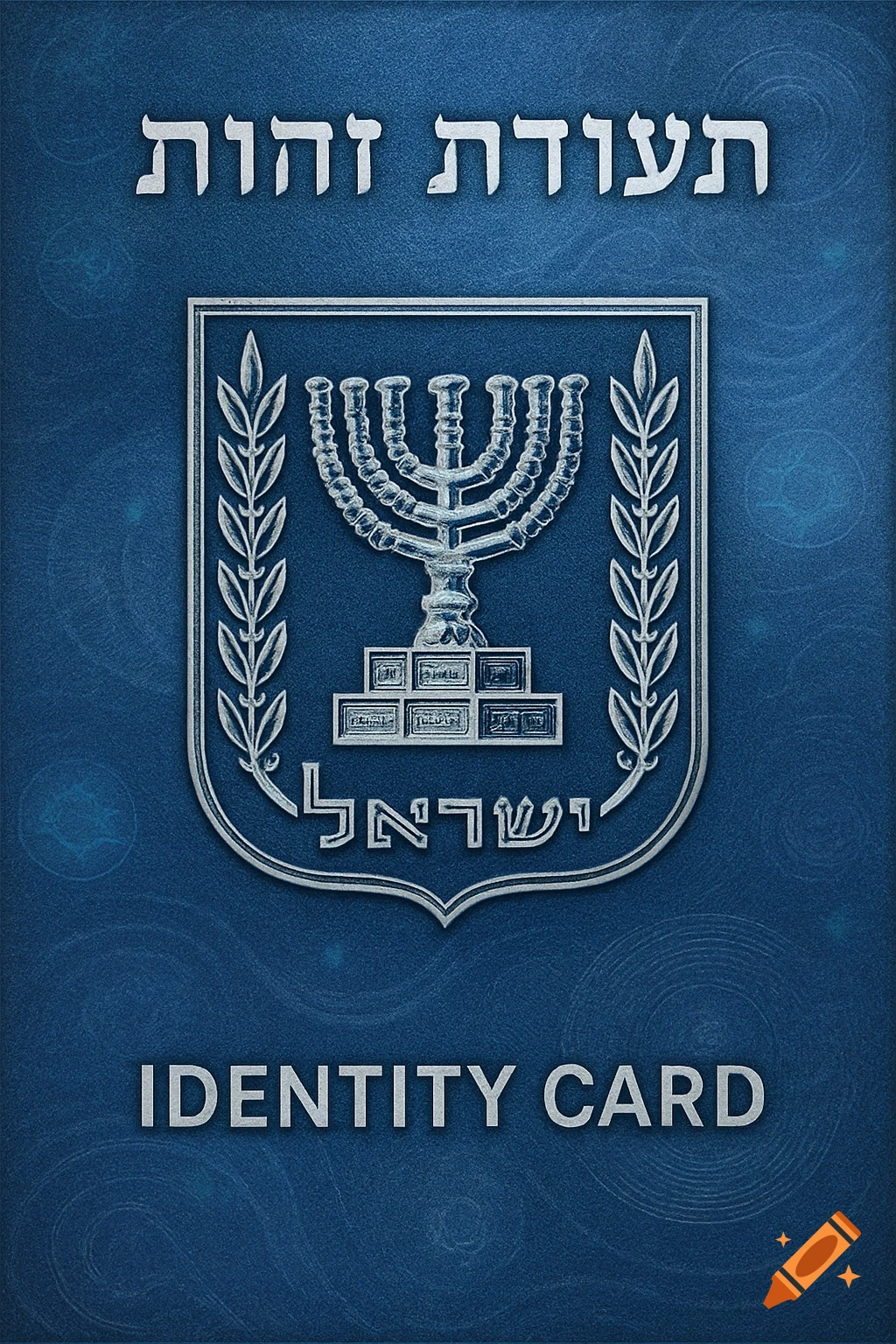 Blue cover of an Israeli identity card featuring the Emblem of Israel (menorah with olive branches) and text in English and Hebrew.