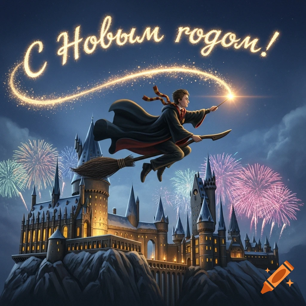 Harry Potter flies on a broomstick over Hogwarts, conjuring 'Happy New Year' in spark trails, with fireworks lighting the night sky.