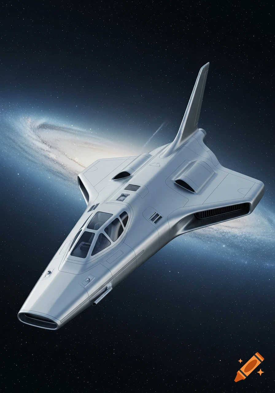 A sleek, silver futuristic spaceship with a pointed nose and a fin, flying through space with a spiral galaxy in the background.