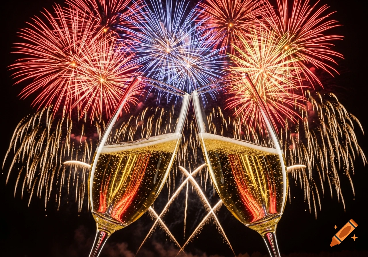 Two champagne flutes clinking in a toast against a backdrop of colorful fireworks exploding in the night sky.
