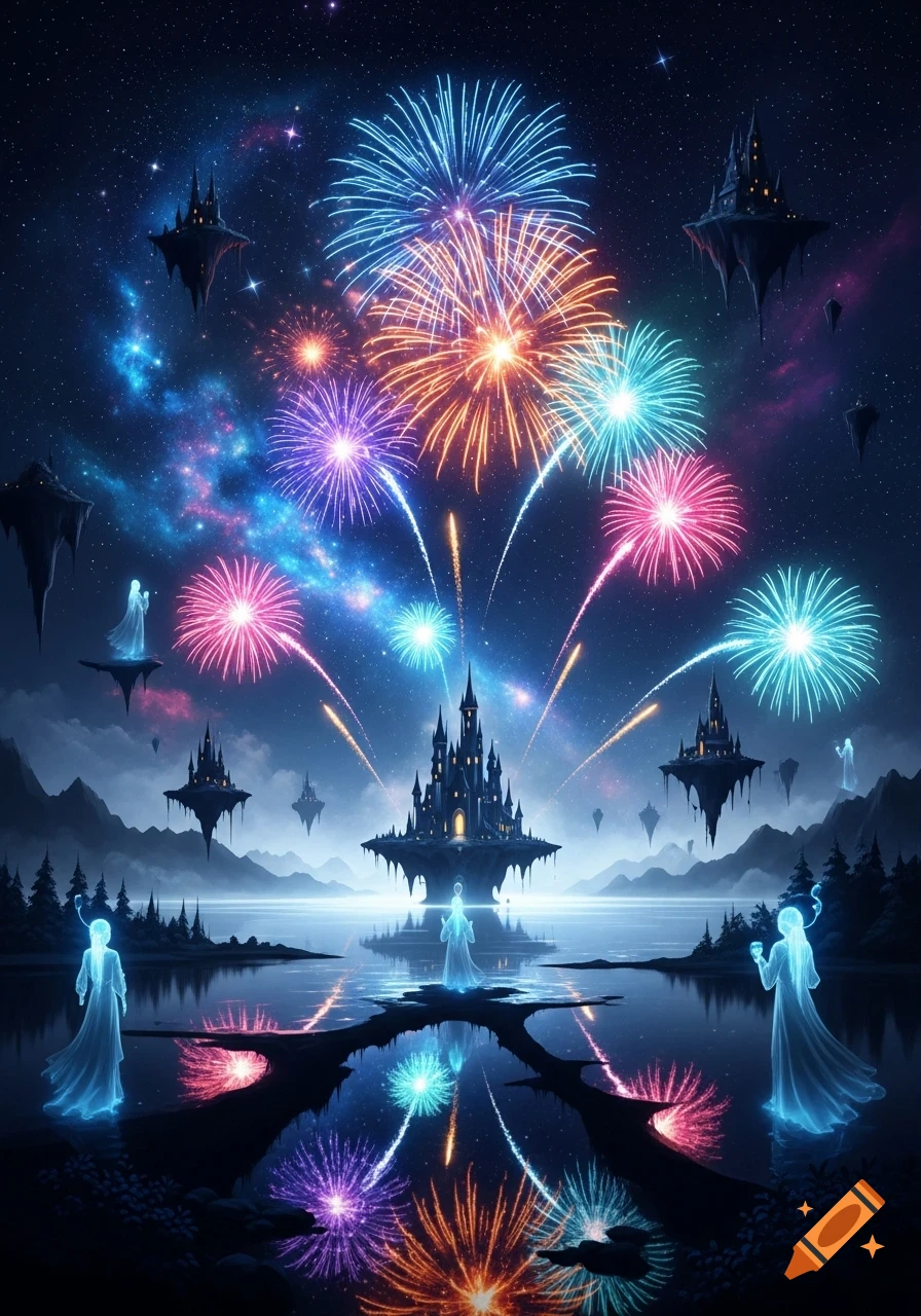 Colorful fireworks illuminate a night sky with stars and nebulas above a mystical landscape with floating castles, glowing figures, and a reflective lake.