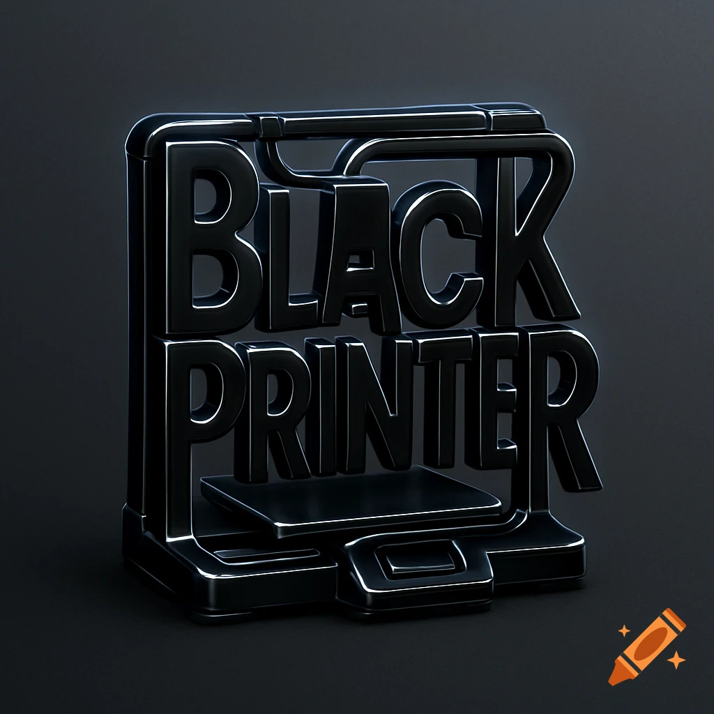 A sleek black 3D logo forms a printer, spelling out 'BLACK PRINTER' with reflective surfaces on a dark background.