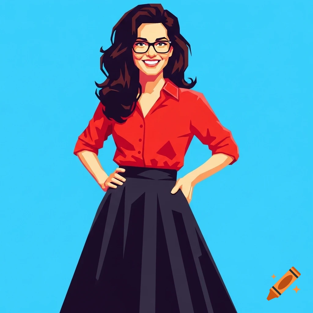 A smiling woman with dark hair and glasses wears a red shirt and black skirt in a vibrant graphic illustration against a blue background.