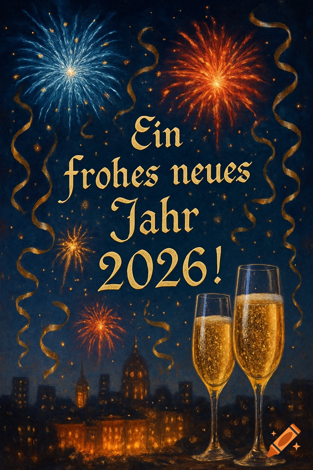 Festive New Year's Eve illustration with fireworks, champagne, and a city skyline, featuring the text 'Ein frohes neues Jahr 2026!'.