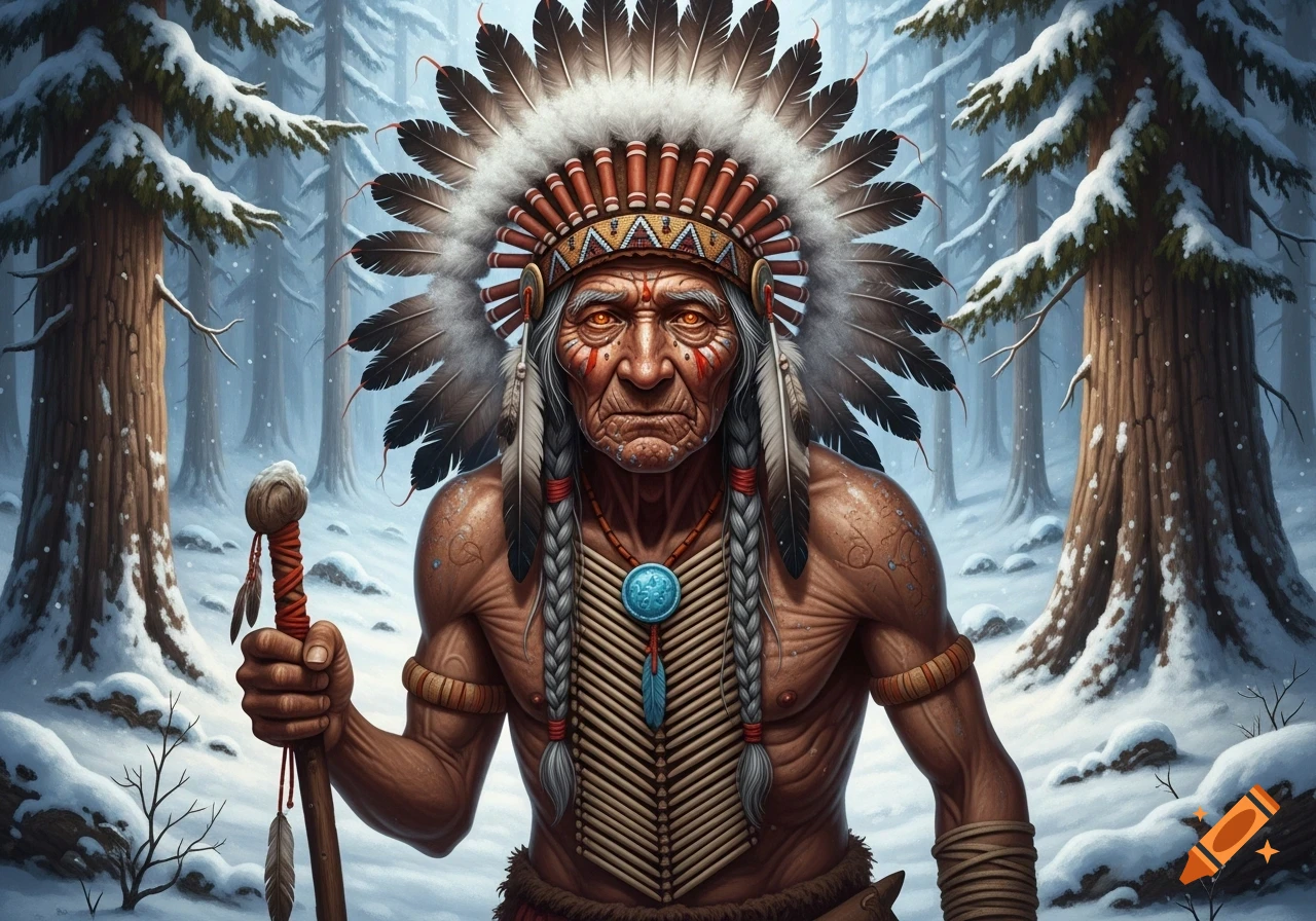 An elderly Native American shaman in a feathered headdress and traditional attire stands stoically in a snowy forest, rendered in a detailed illustration.