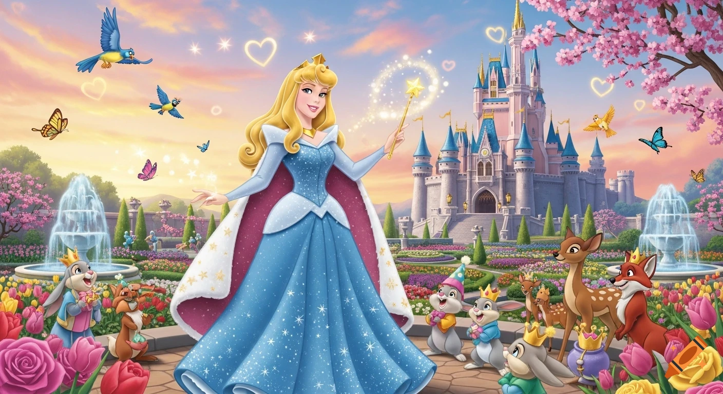 Princess Aurora in a vibrant, whimsical castle garden with woodland animals, holding a magic wand.