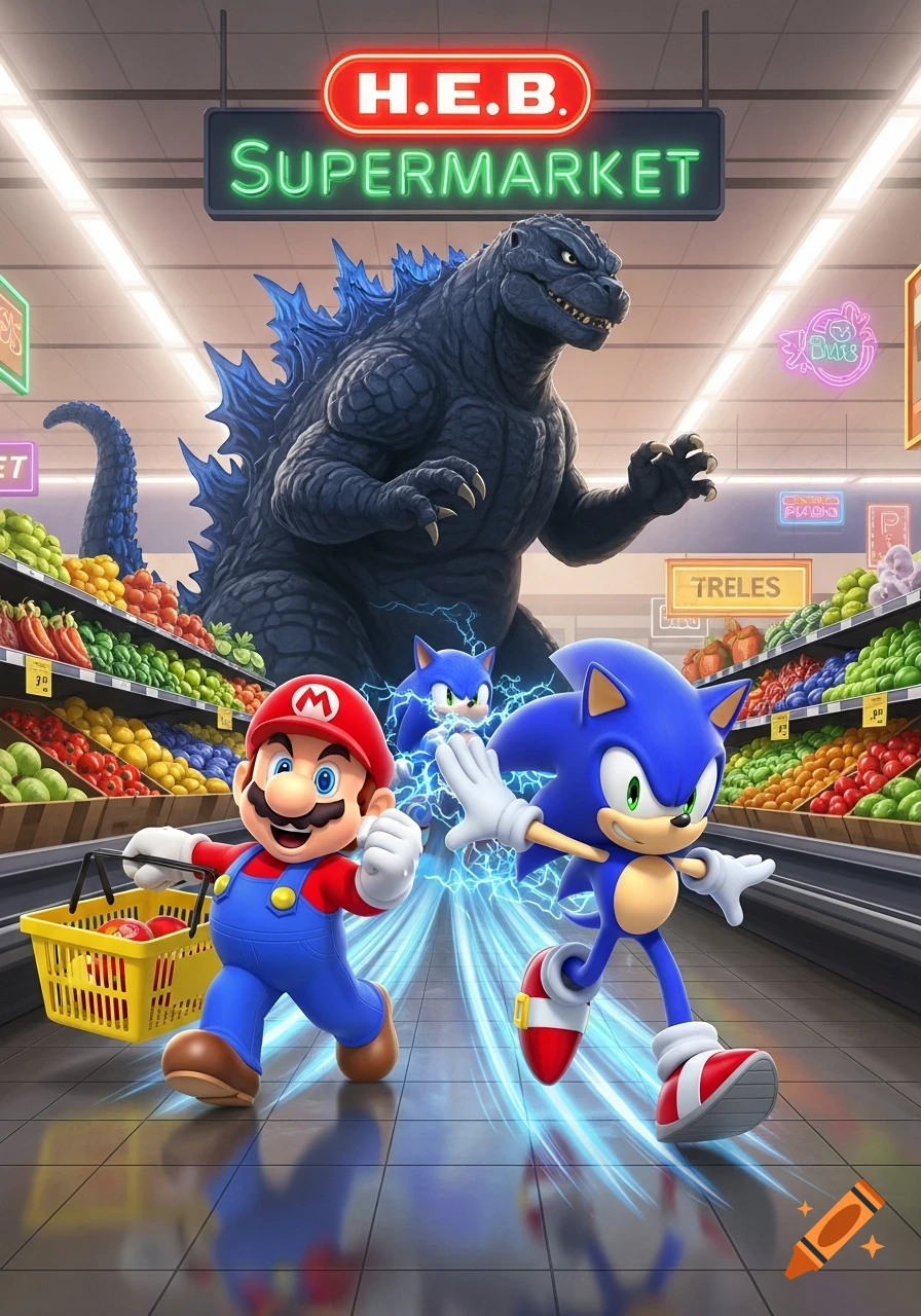 Mario holding a shopping basket, Sonic the Hedgehog running, and Godzilla standing in a vibrant H.E.B. supermarket aisle.