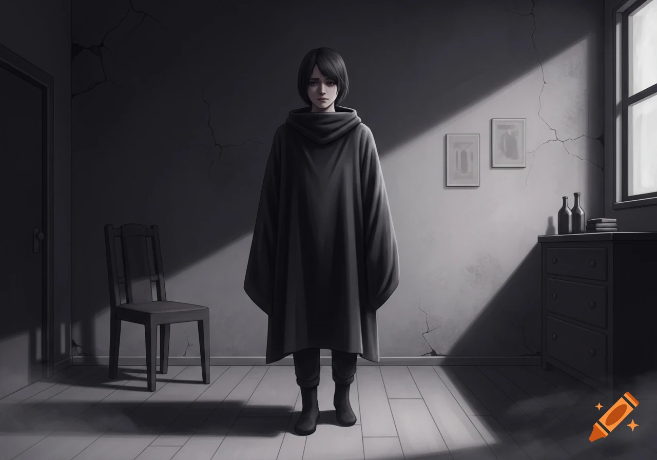 A lone figure with short dark hair in a black poncho stands in a desolate, dark room with cracked walls, a chair, and a window letting in light.