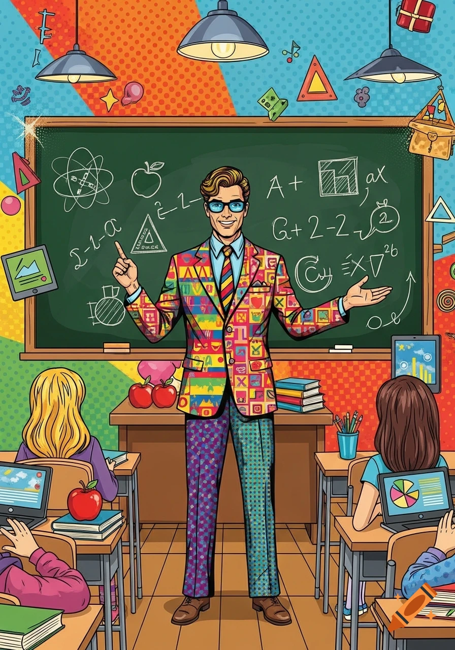 Pop art illustration of a vibrant teacher in a classroom with students, math equations on the blackboard.