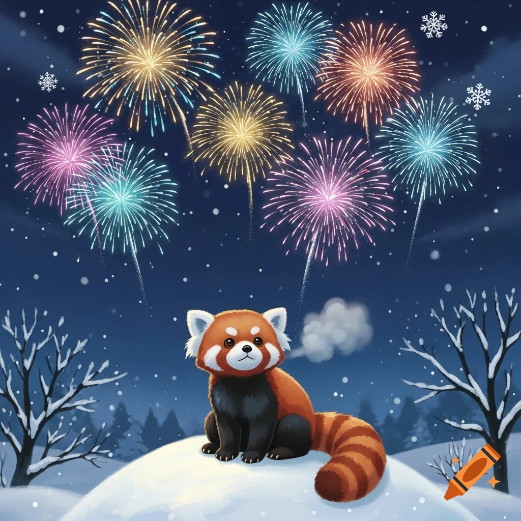 A cute red panda sits on a snowy hill at night, watching colorful fireworks explode in the sky, in a Studio Ghibli style illustration.