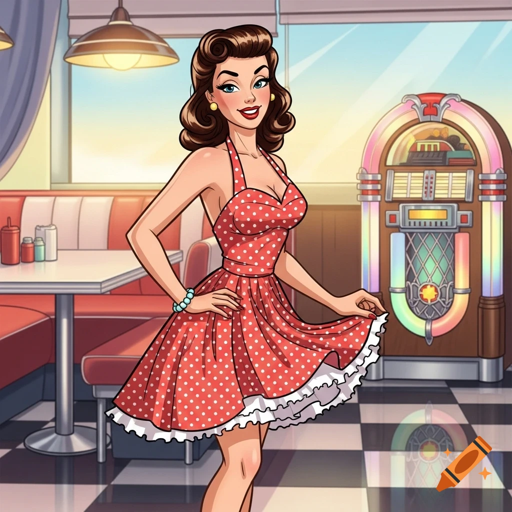 A vintage cartoon pinup woman in a red polka-dot dress stands in a retro diner with a jukebox.
