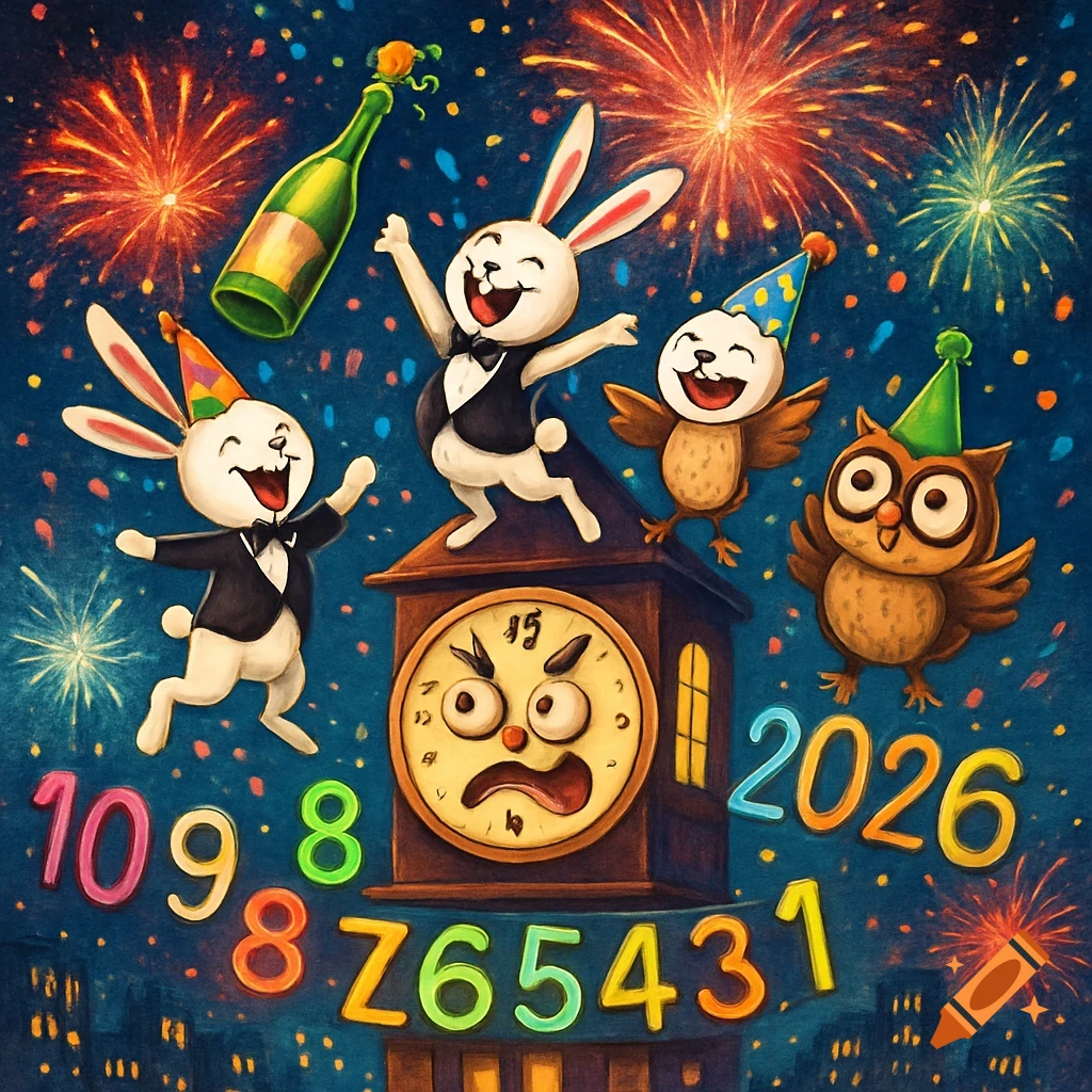 Cartoon rabbits and owls celebrate New Year's Eve with fireworks, champagne, and a countdown. One rabbit wears a tuxedo, another a party hat. The year 2026 is visible along with jumbled numbers.