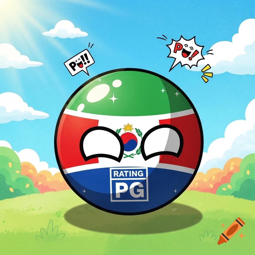 Cartoon countryball character with a 'Rating PG' label on a flag-patterned ball in a sunny, grassy field.