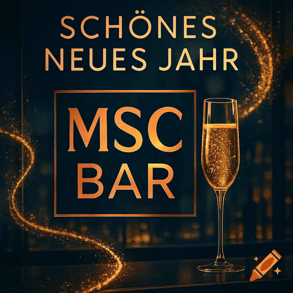 A New Year's themed image with golden text 'SCHÖNES NEUES JAHR' and 'MSC BAR', beside a sparkling champagne flute.