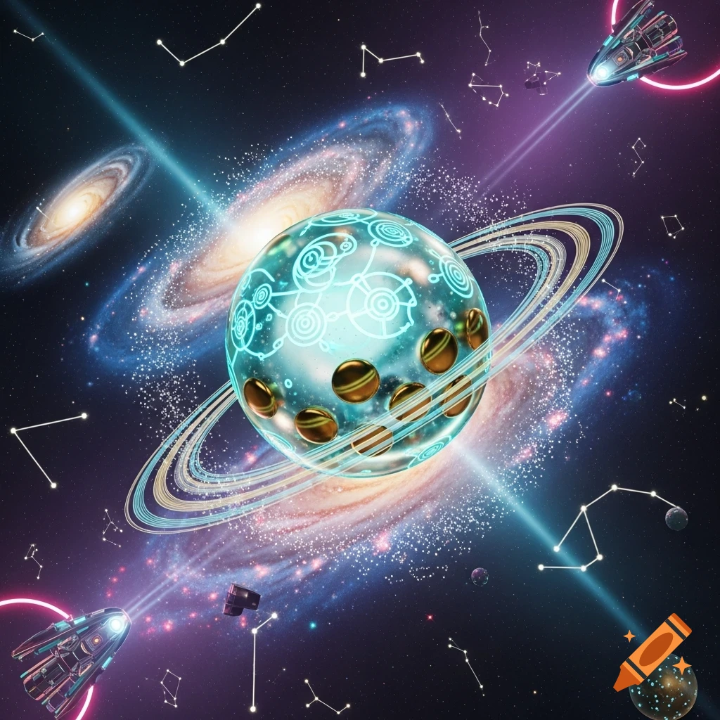 A vibrant cosmic scene with a stylized planet featuring glowing symbols and rings, surrounded by galaxies, constellations, and two spaceships.