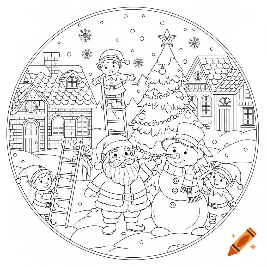 A black and white coloring page showing Santa Claus, elves, and a snowman decorating a Christmas tree in a snowy village, all within a circle.