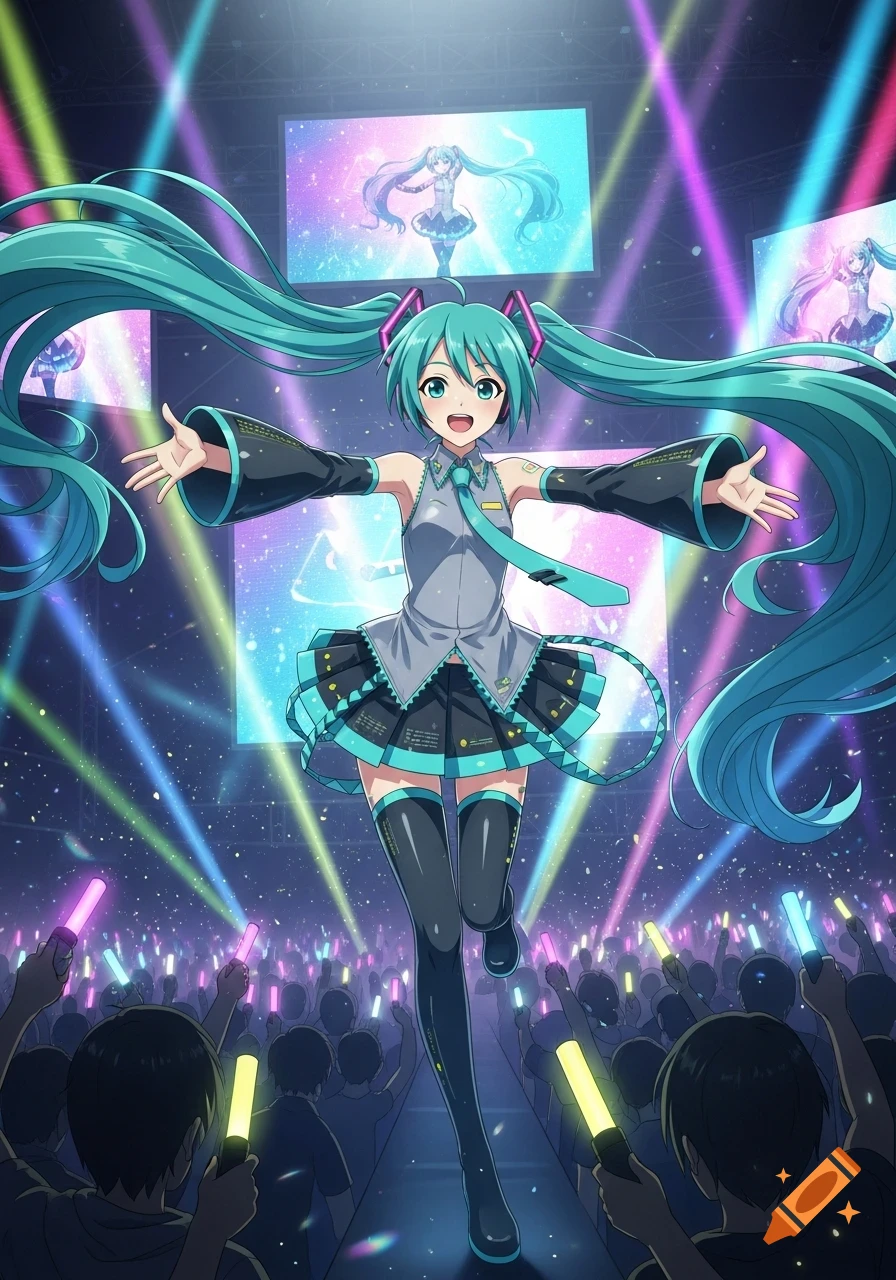 Hatsune Miku performs on stage, arms outstretched, before a cheering crowd holding glowing light sticks, bathed in vibrant stage lights.