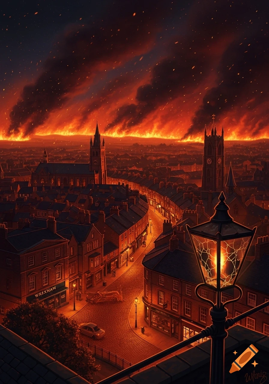 Dramatic, detailed view of a town under a fiery red and black sky, engulfed in massive flames, with streets, buildings, and church spires.