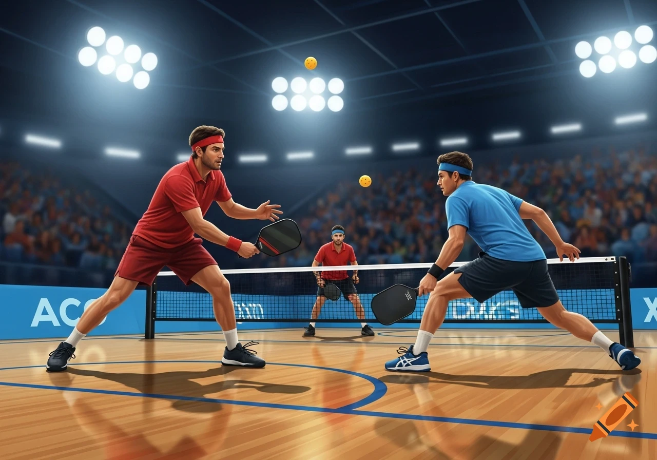 Two male pickleball players compete on an indoor court under stadium lights, in an illustrative style.