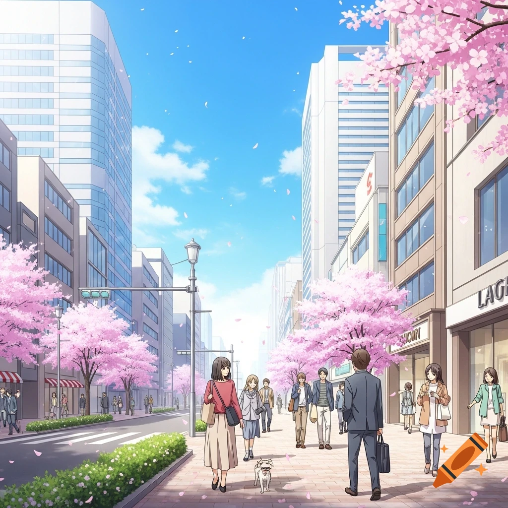 An anime street scene with cherry blossom trees in bloom, a blue sky, tall buildings, and people walking on the sidewalk. A woman walks a dog.