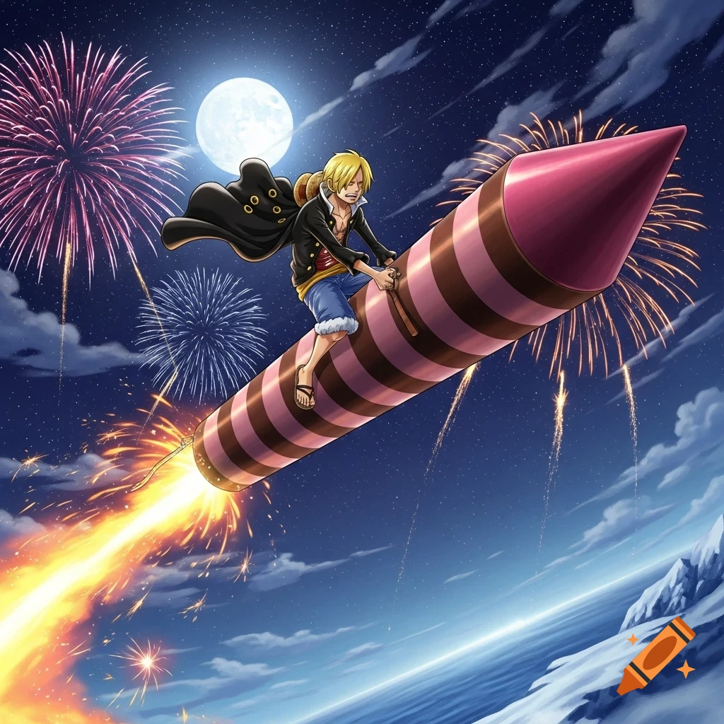 Anime character Sanji riding a giant pink and brown striped firework through a star-filled night sky with a full moon and fireworks.