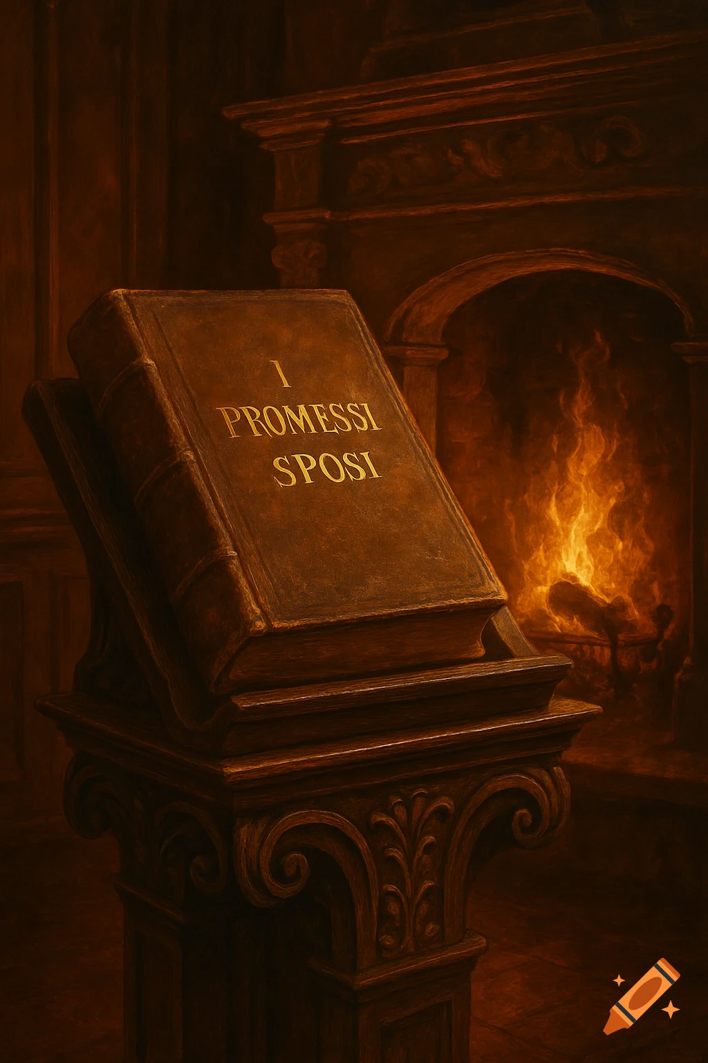 An old, brown book titled 'I Promessi Sposi' on a wooden lectern next to a roaring fireplace, bathed in warm light.