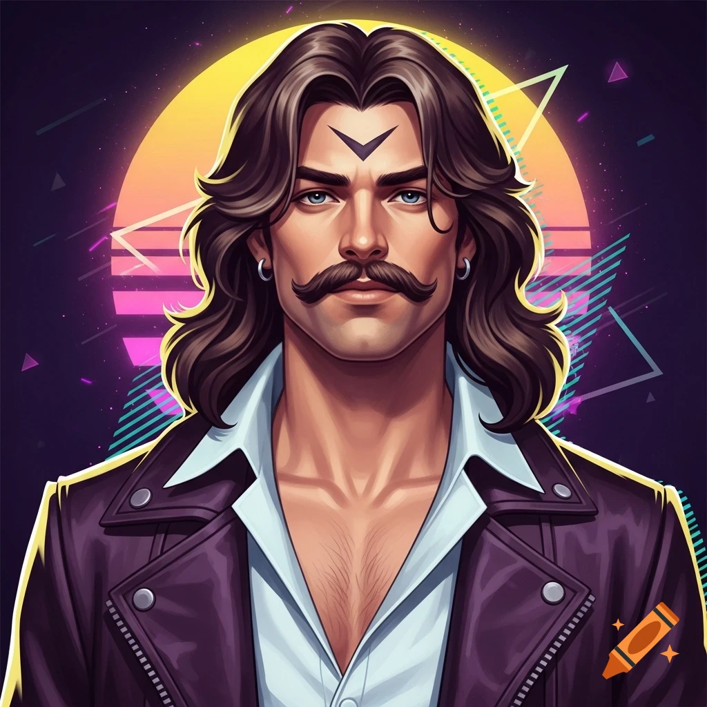 Stylized portrait of a man with long wavy hair, a chevron mustache, and a leather jacket, against an 80s synthwave background.